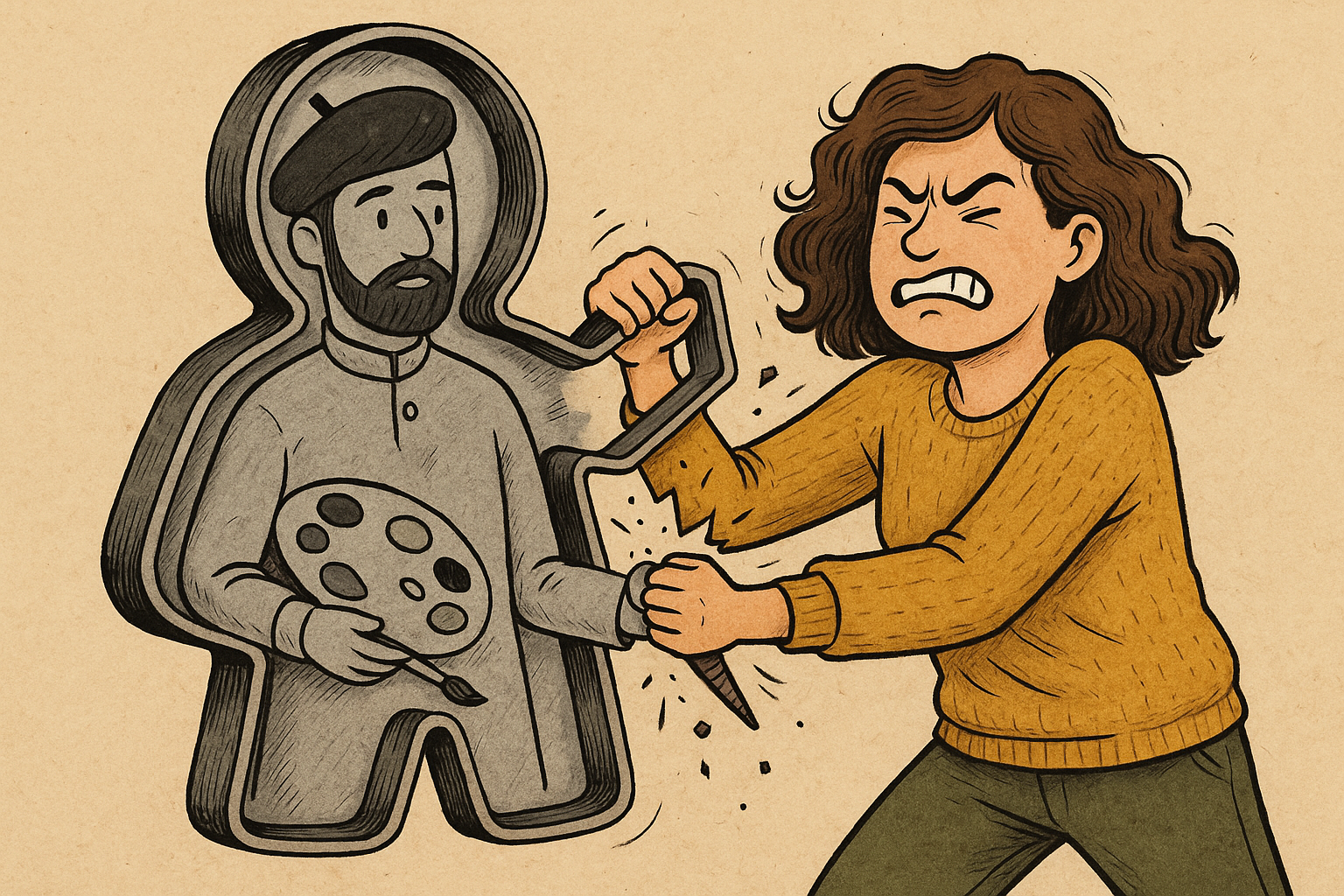 A woman fighting with a cookie cutter type mould that appears to be a stereotypical painter artist with a paintbrush and pallet wearing a beret