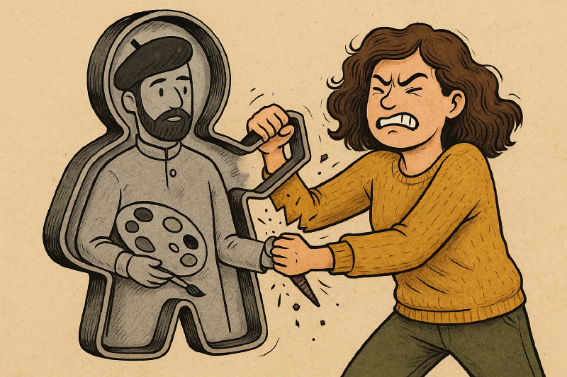 Woman Fighting a Cookie Cutter Mould - Generated by ChatGPT A woman fighting with a cookie cutter type mould that appears to be a stereotypical painter artist with a paintbrush and pallet wearing a beret