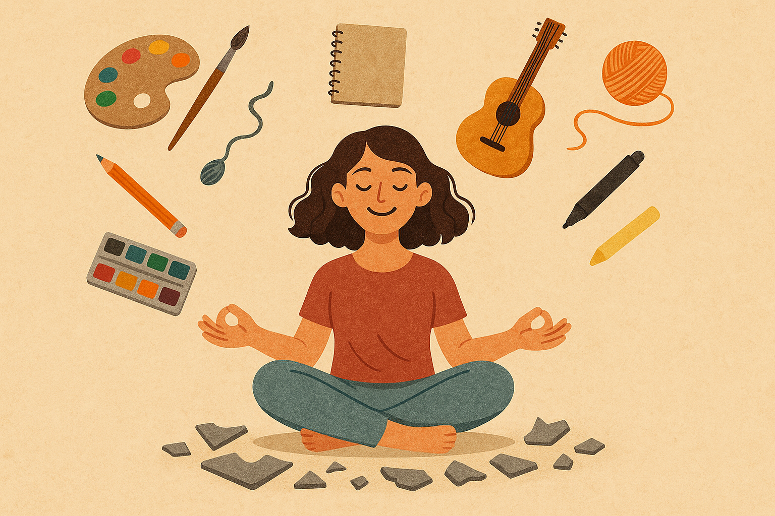 A woman sitting in lotus position with the broken pieces of a mould below her and the creative tools, paint, guitar, notebook, pen, yarn floating around her