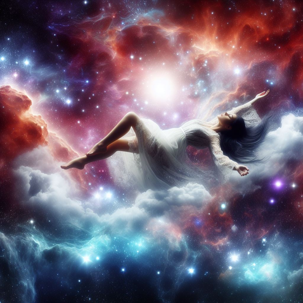 A woman in a flowy dress floats serenely with her arms open wide and her eyes closed amongst stars and nebula
